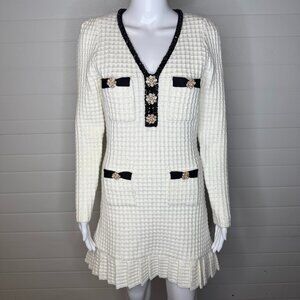 Sierra Darien Ivoire Textured Knit Dress w/ Black Trim & Gold Buttons